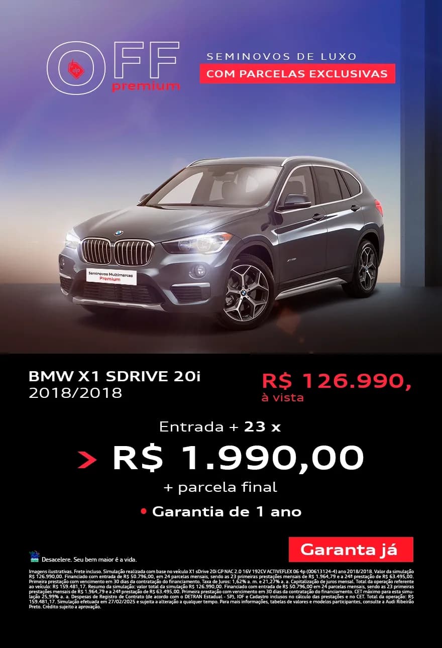 bmw x1 Sdrive 20i - Entrada + 23x - R$ 1.990,00 + parcela final - Garantia de 1 ano 